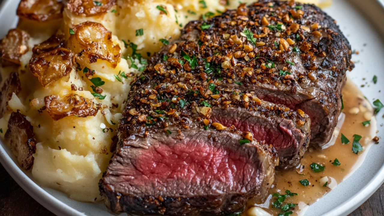 Searing herb-crusted ribeye steak