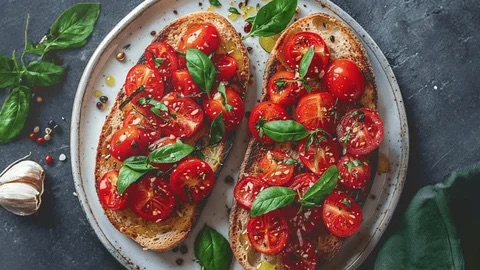 Preparing fresh bruschetta ingredients