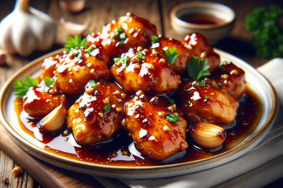 Finished honey garlic chicken with garnish