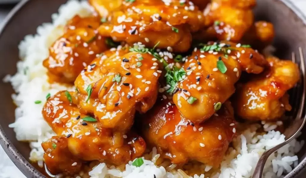 Golden honey garlic chicken bites with sticky glaze