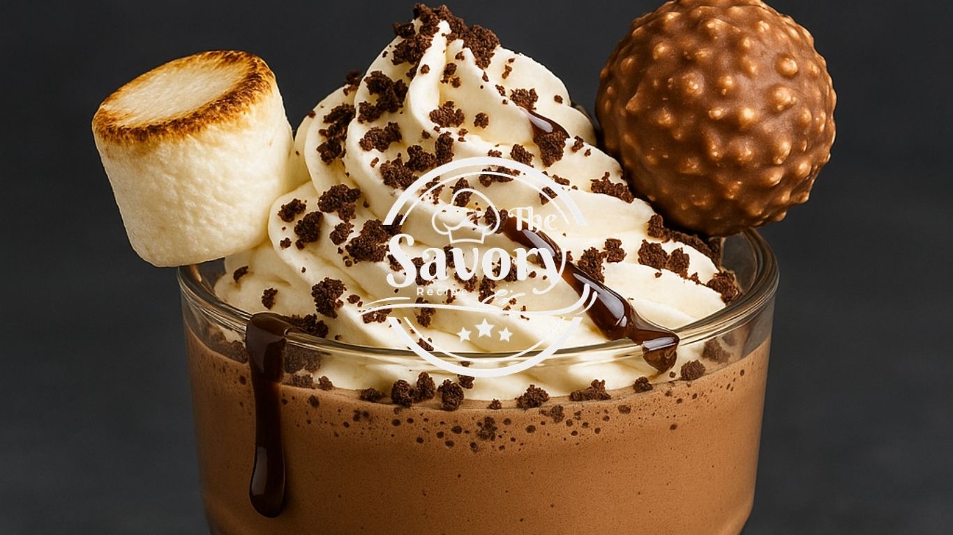 Nutella milkshake topped with whipped cream and chocolate drizzle