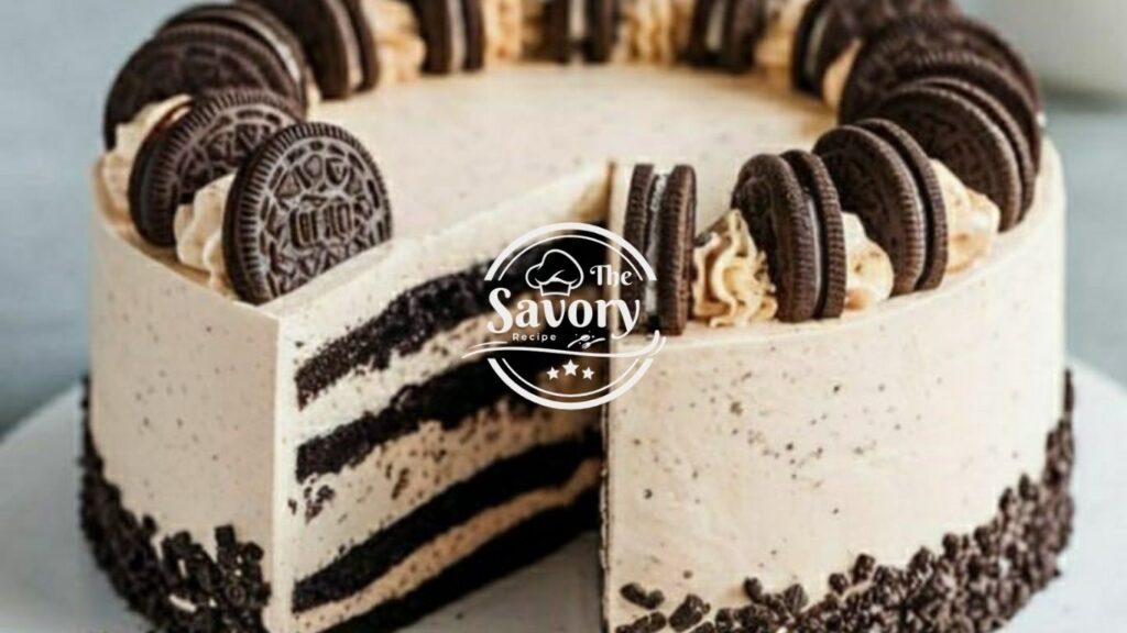 Oreo Ice Cream Cake with layers of ice cream and Oreo crumbs