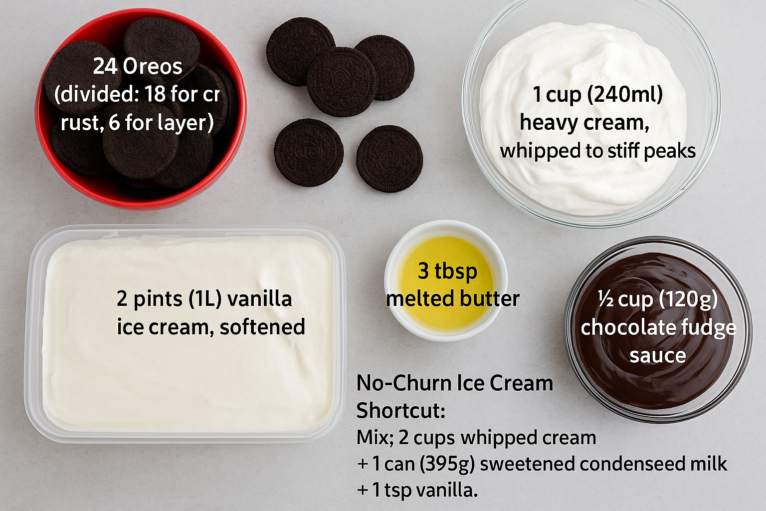 Oreo Ice Cream Cake ingredients laid out